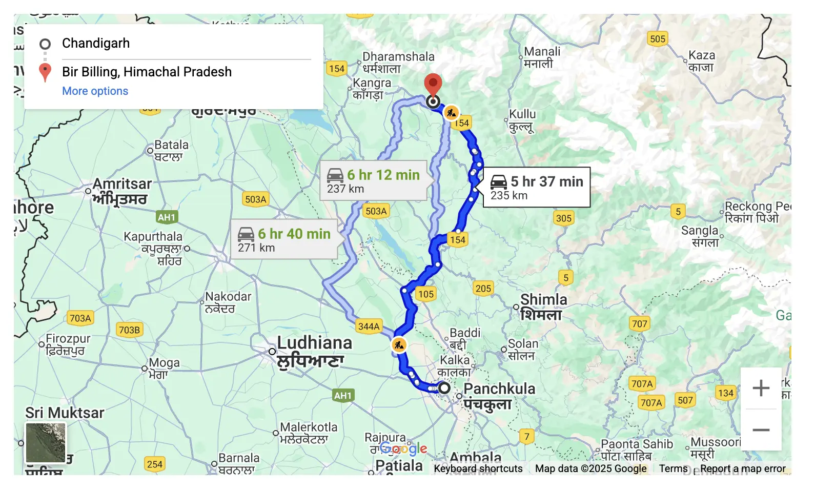 How to Reach Bir Billing from Chandigarh